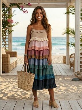 Storia Anthropologie Pastel Rainbow Tiered Ruffle Midi Dress